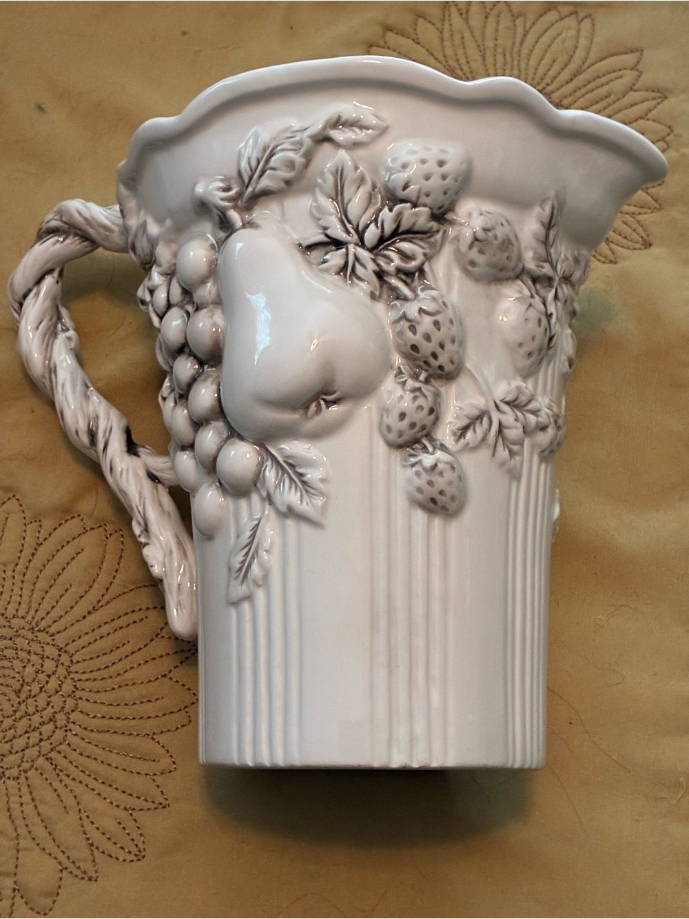 GANZ White Ceramic Pitcher with Raised Fruit Motif Bella Casa. Vintage